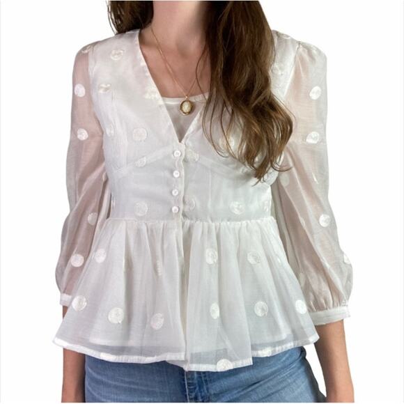 emory park Tops - Emory Park White Floaty Polka Dot Button Peplum Sheer Romantic Top Blouse S
